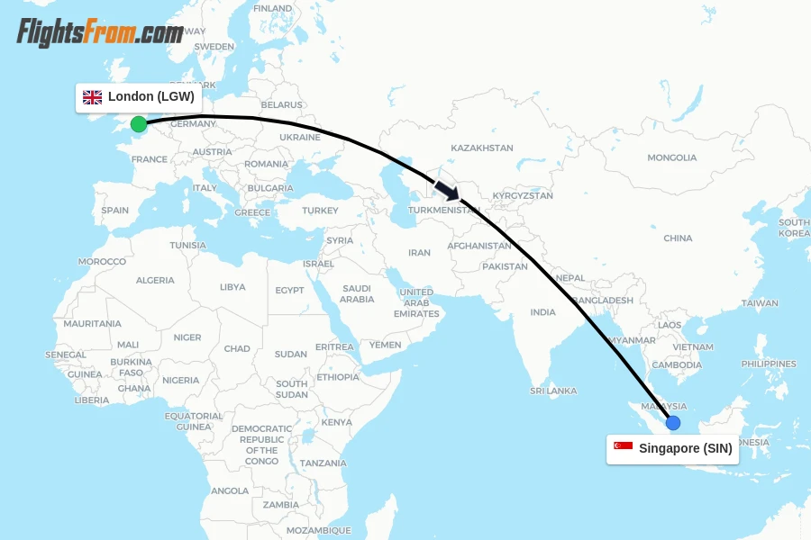 Flights from London to Singapore route map