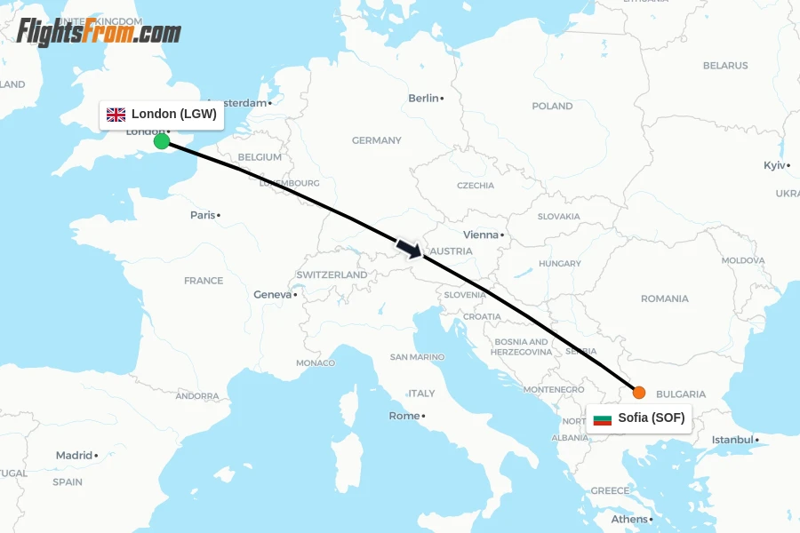 Flights from London to Sofia route map