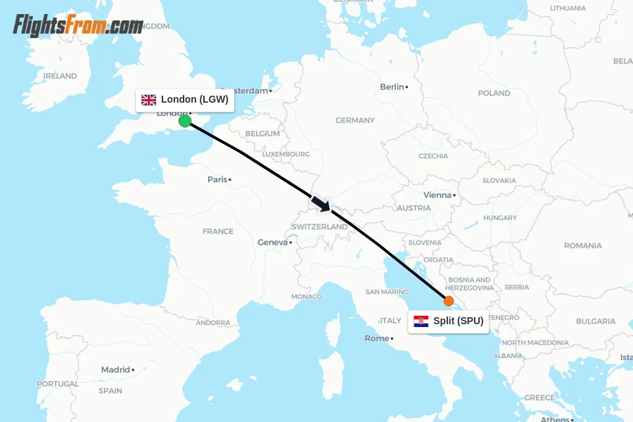 Flights from London to Split route map