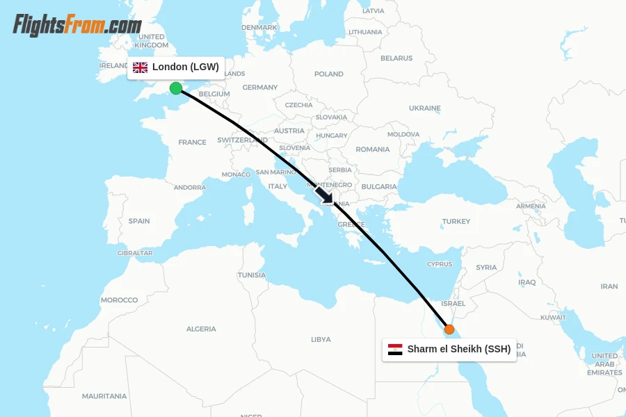 Flights from London to Sharm el Sheikh route map
