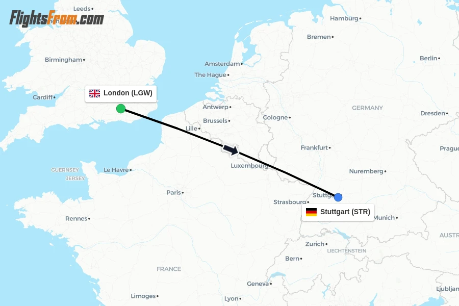 Flights from London to Stuttgart route map