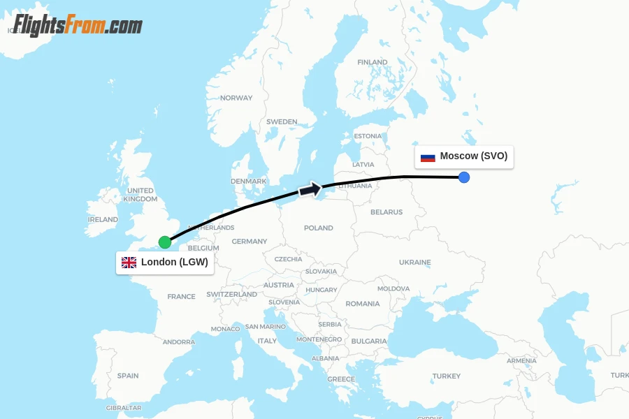 Flights from London to Moscow route map