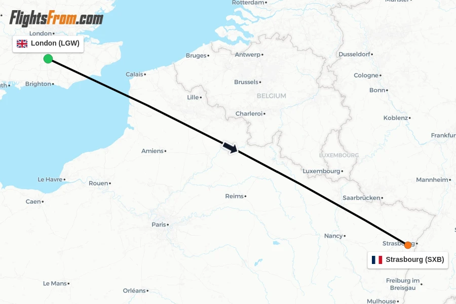 Flights from London to Strasbourg route map