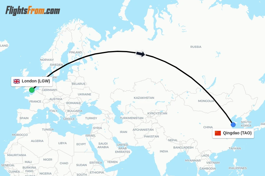 Flights from London to Qingdao route map