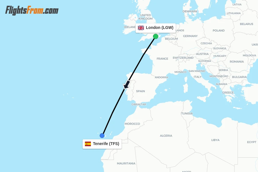 Flights from London to Tenerife route map
