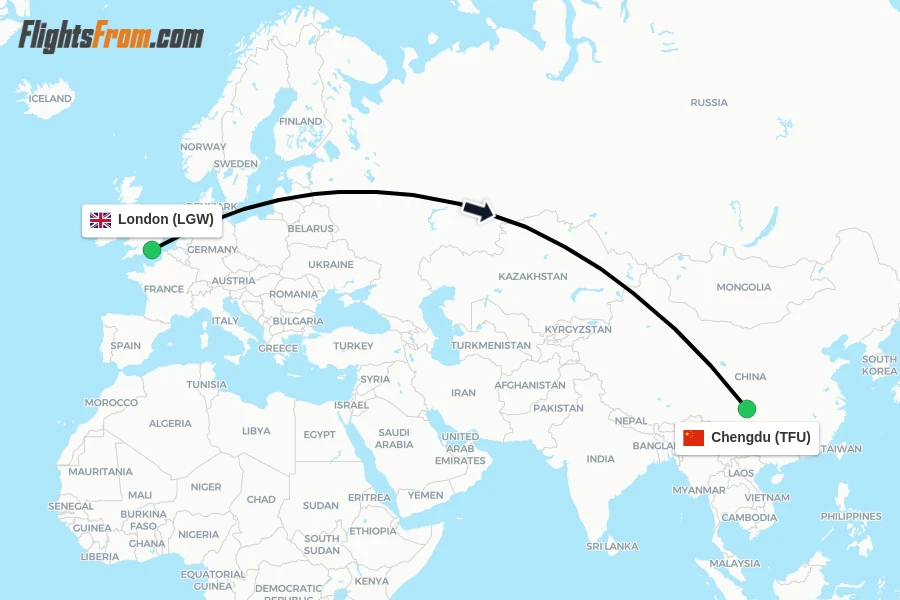 Flights from London to Chengdu route map