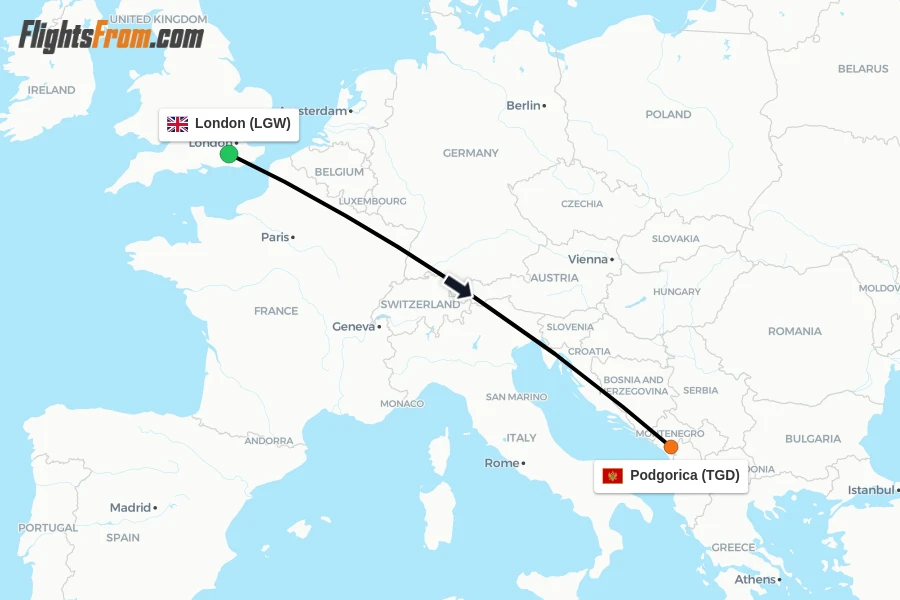Flights from London to Podgorica route map