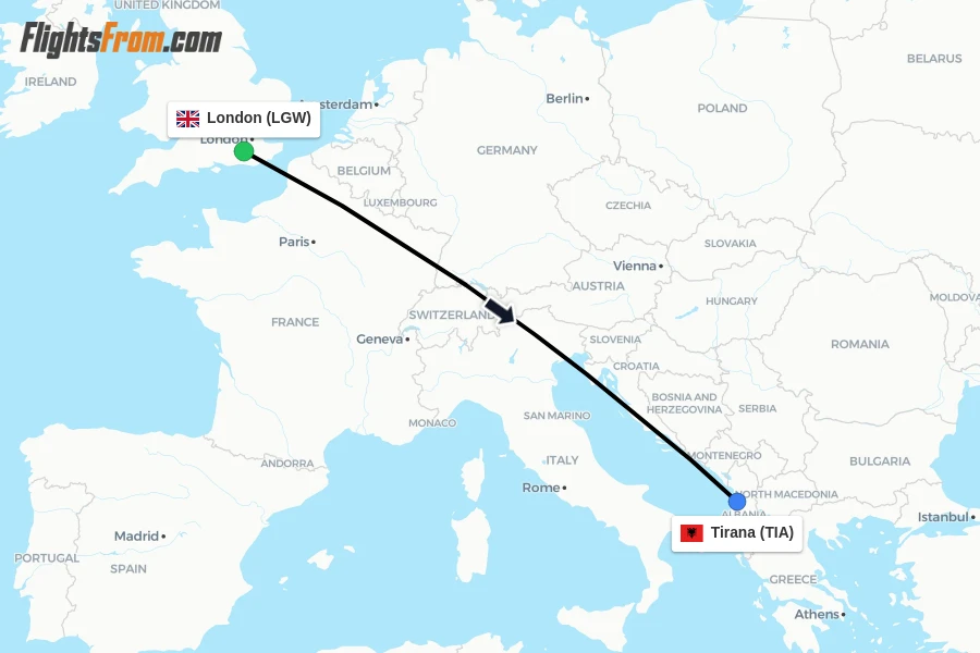 Flights from London to Tirana route map