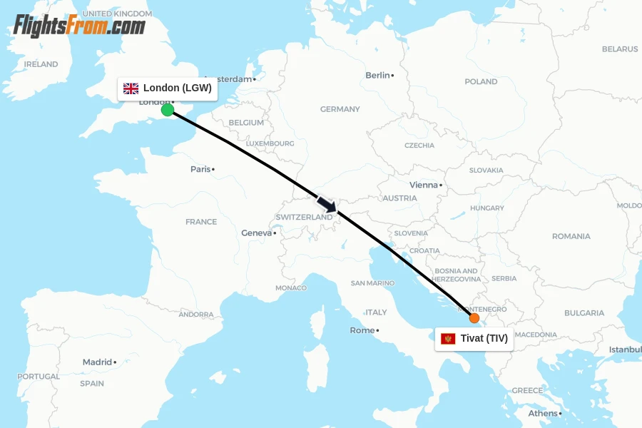 Flights from London to Tivat route map