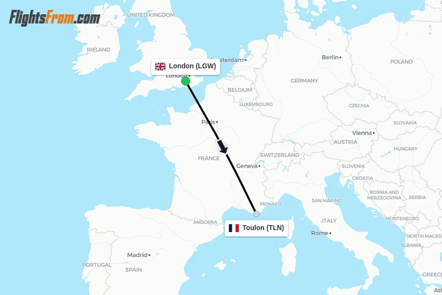 Flights from London to Toulon route map