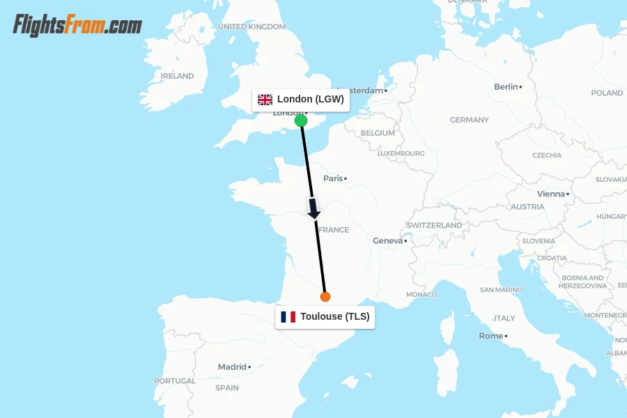 Flights from London to Toulouse route map