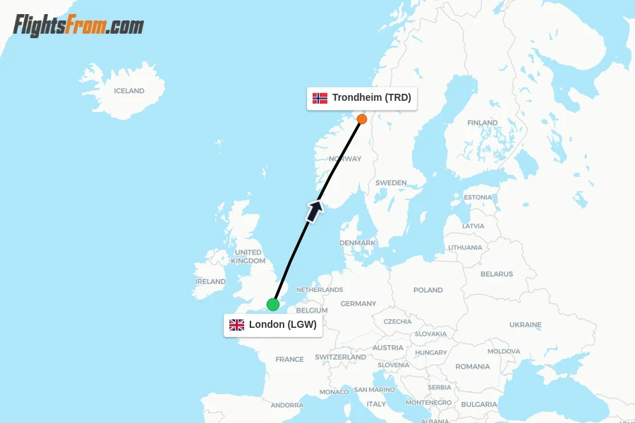 Flights from London to Trondheim route map
