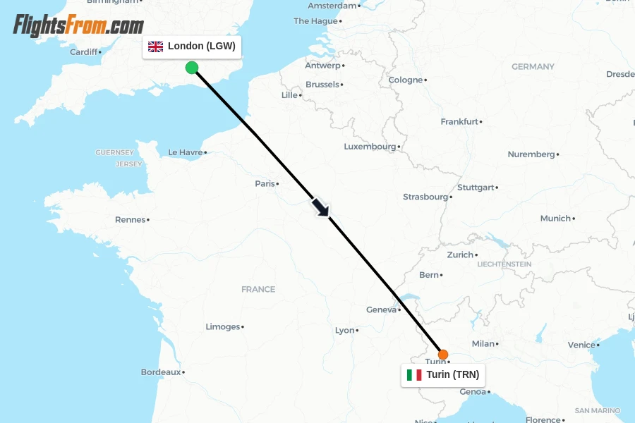 Flights from London to Turin route map
