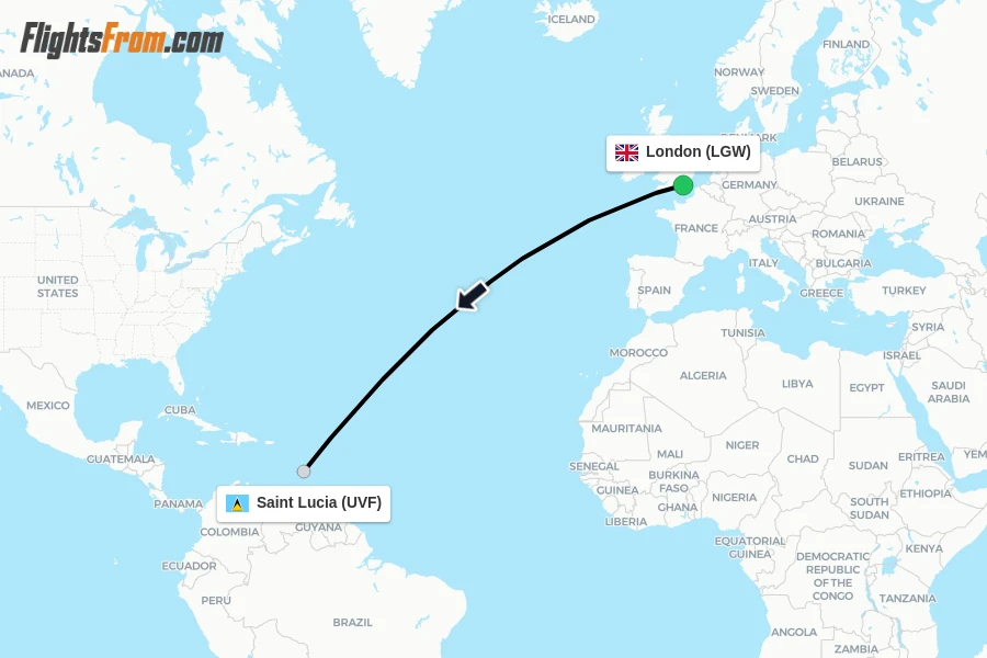 Flights from London to Saint Lucia route map