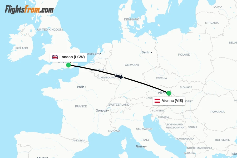 Flights from London to Vienna route map