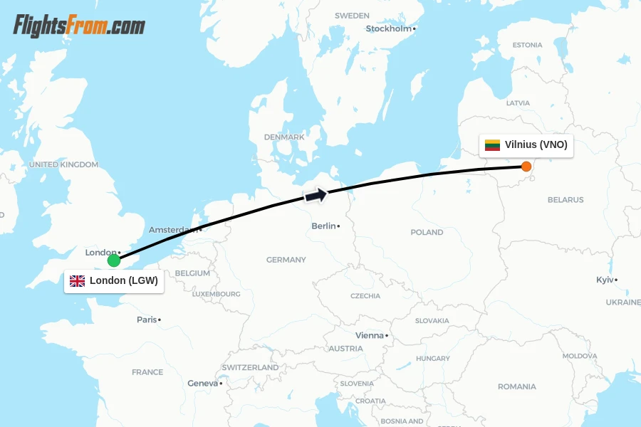 Flights from London to Vilnius route map