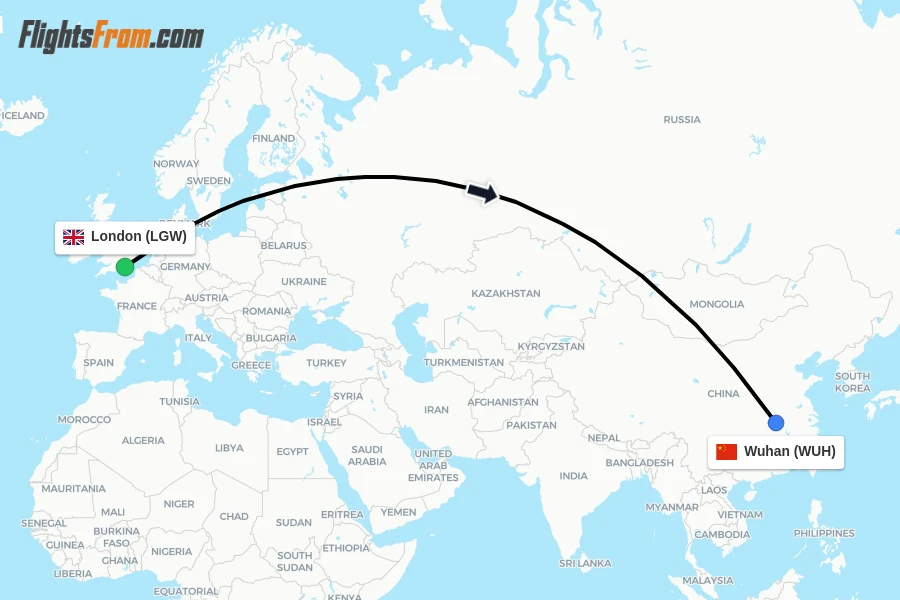 Flights from London to Wuhan route map
