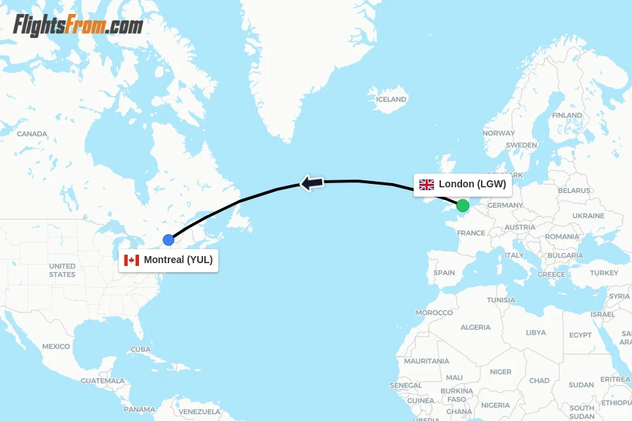 Flights from London to Montreal route map