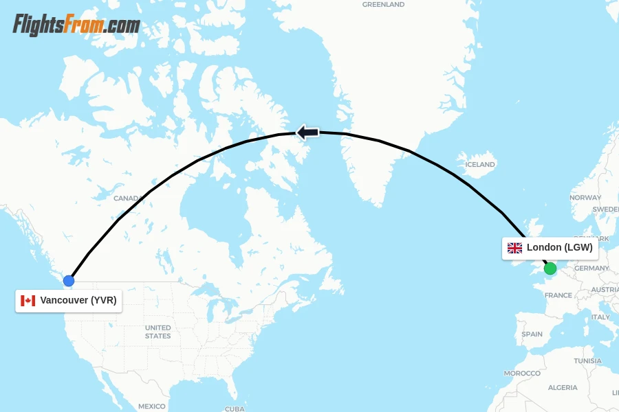Flights from London to Vancouver route map