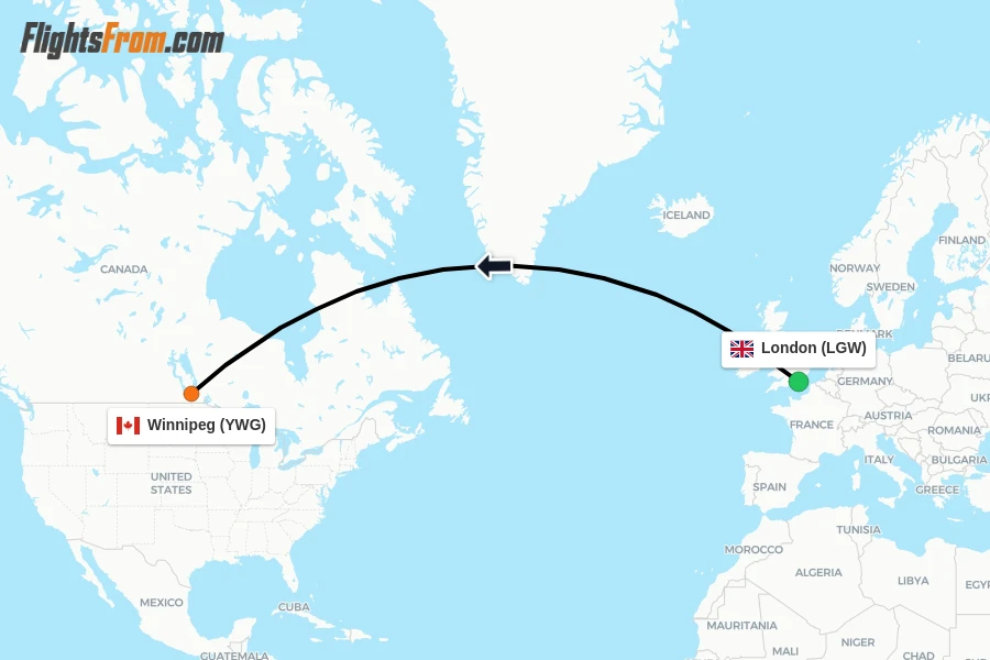 Flights from London to Winnipeg route map