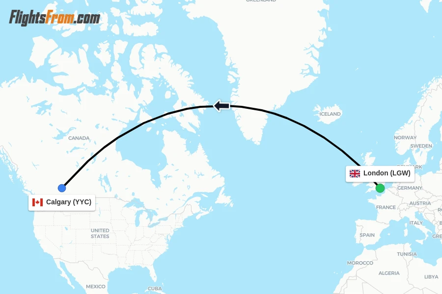 Flights from London to Calgary route map