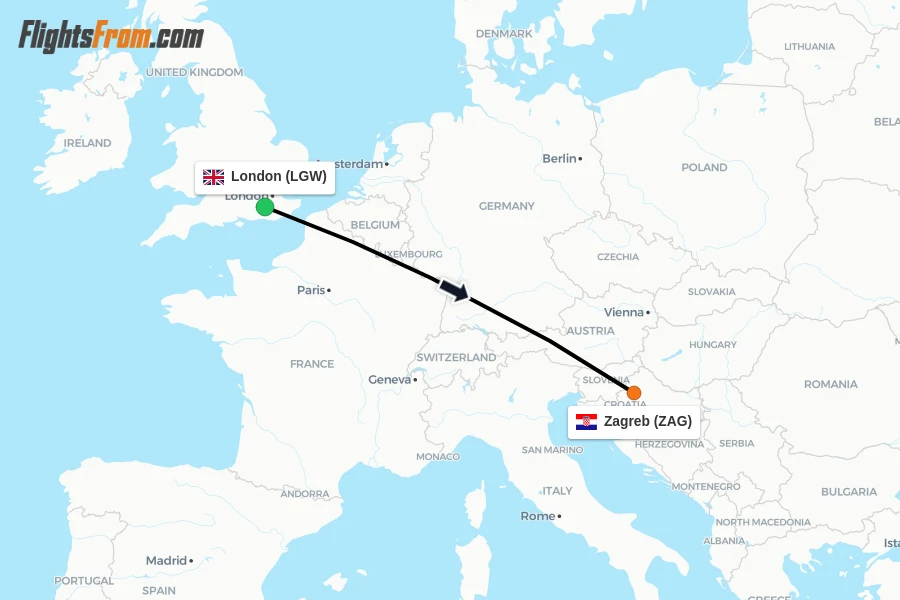 Flights from London to Zagreb route map