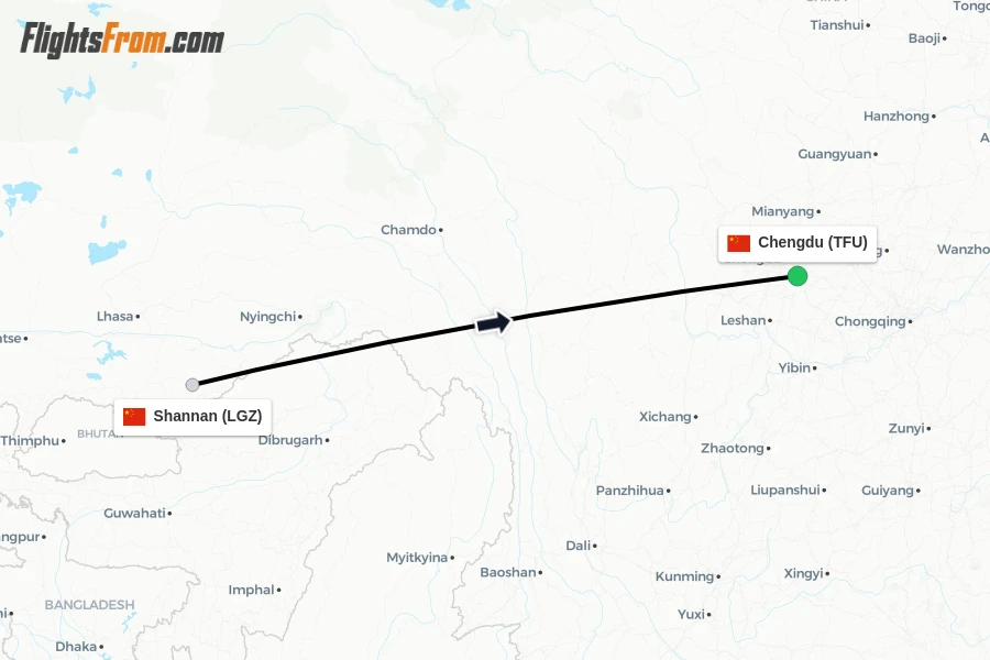 Flights from Shannan to Chengdu route map