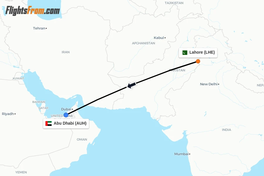 Flights from Lahore to Abu Dhabi route map