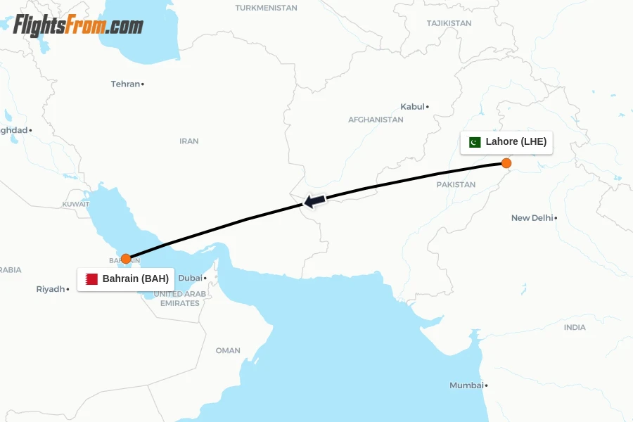 Flights from Lahore to Bahrain route map