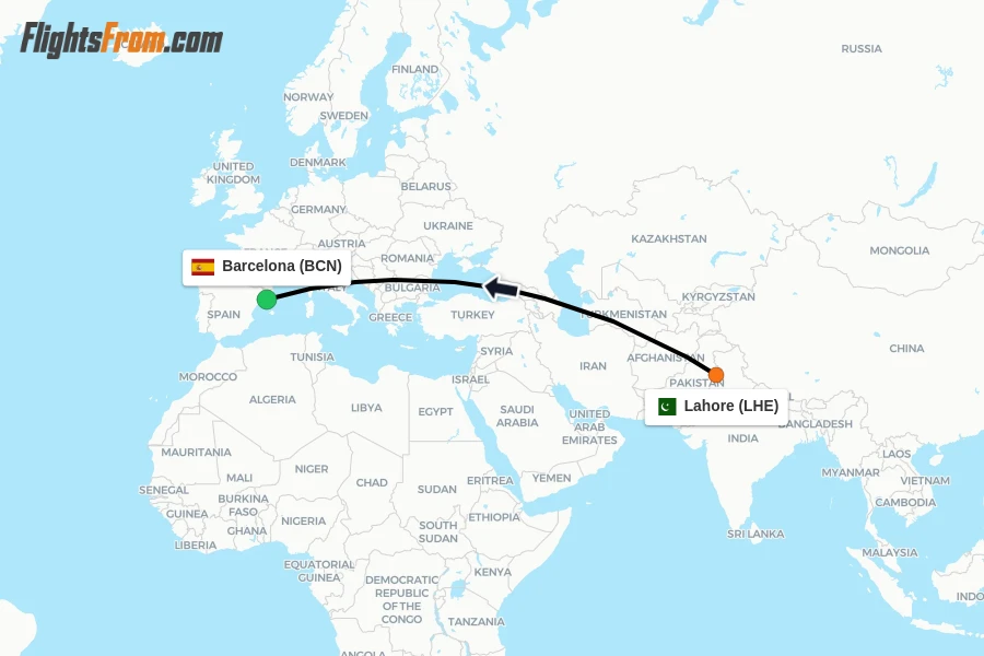 Flights from Lahore to Barcelona route map