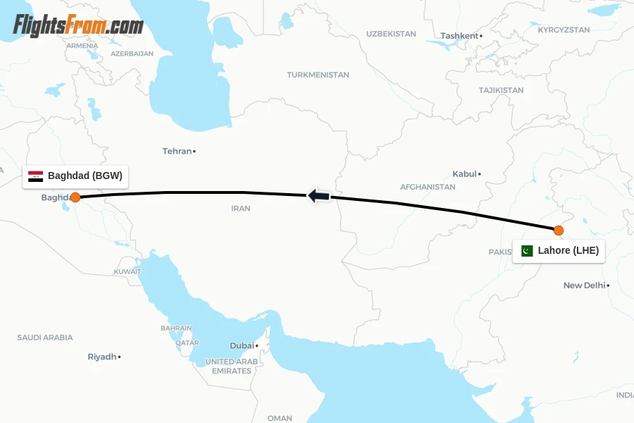 Flights from Lahore to Baghdad route map