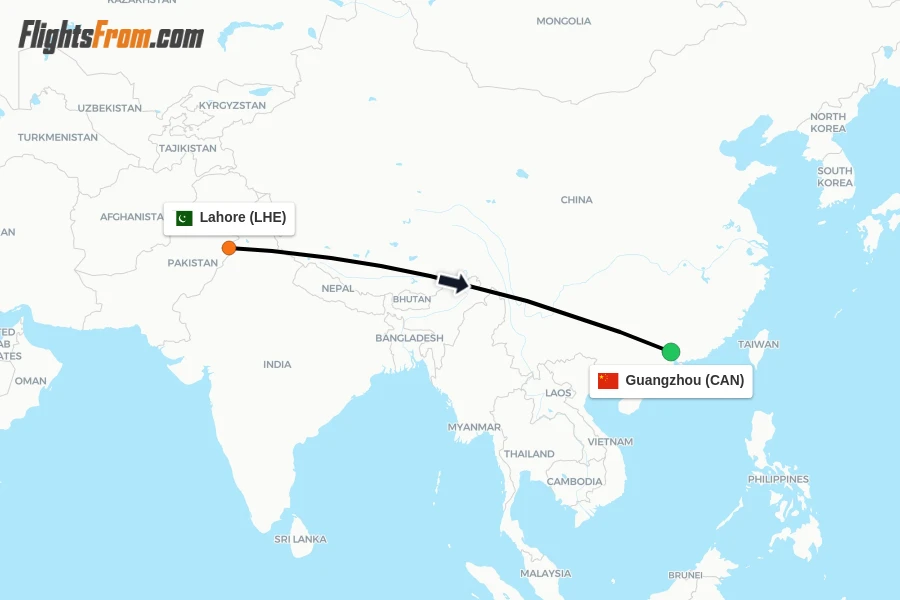 Flights from Lahore to Guangzhou route map