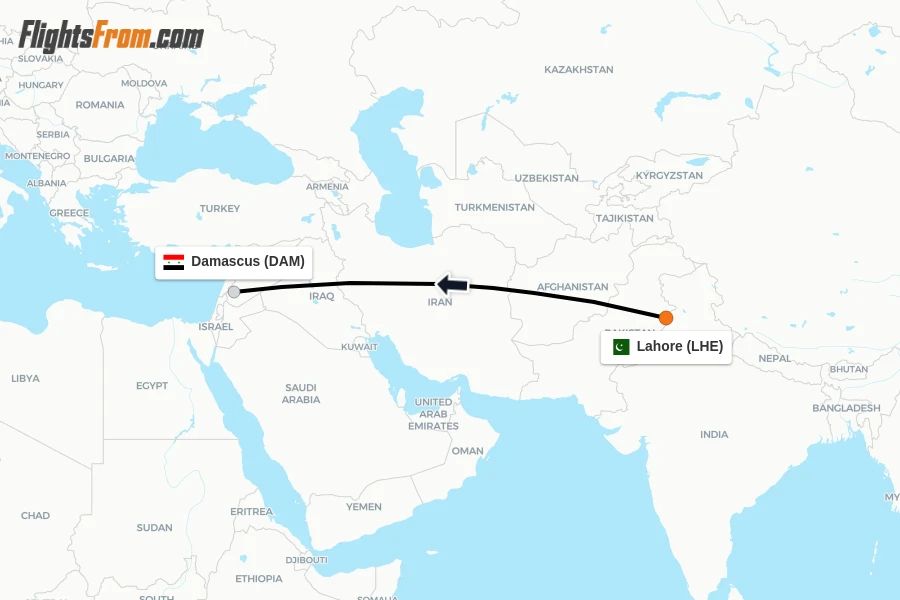 Flights from Lahore to Damascus route map