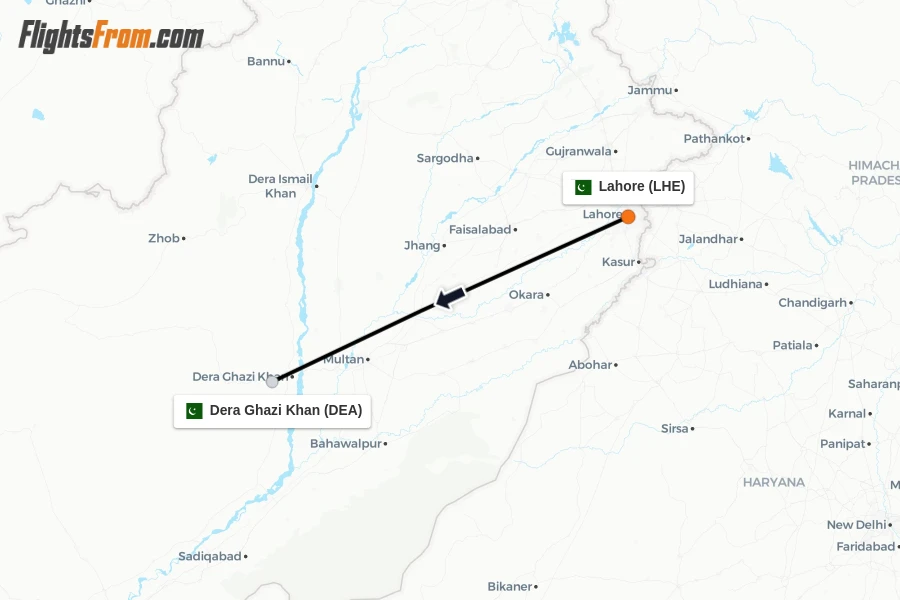 Flights from Lahore to Dera Ghazi Khan route map