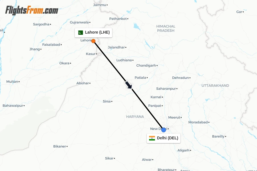Flights from Lahore to Delhi route map