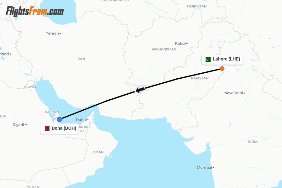 Flights from Lahore to Doha route map