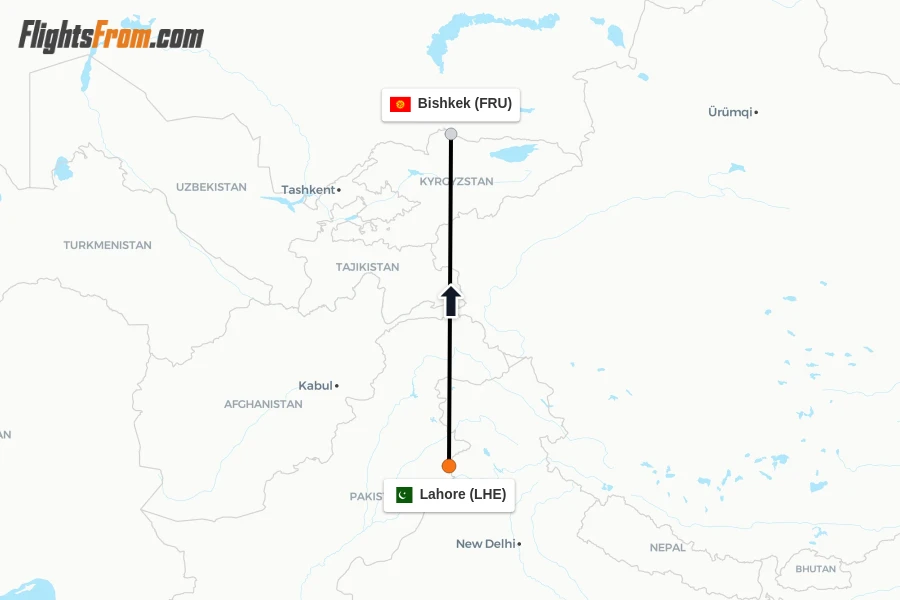 Flights from Lahore to Bishkek route map