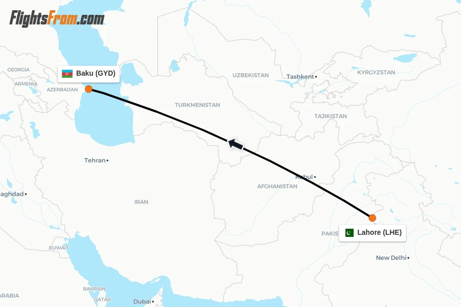 Flights from Lahore to Baku route map