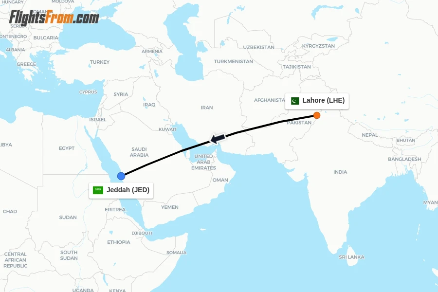 Flights from Lahore to Jeddah route map