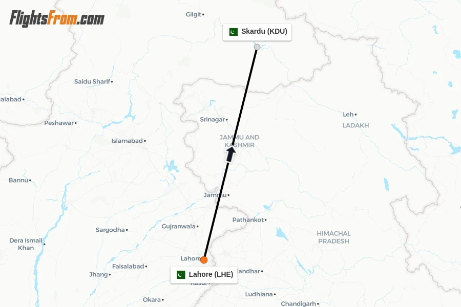 Flights from Lahore to Skardu route map