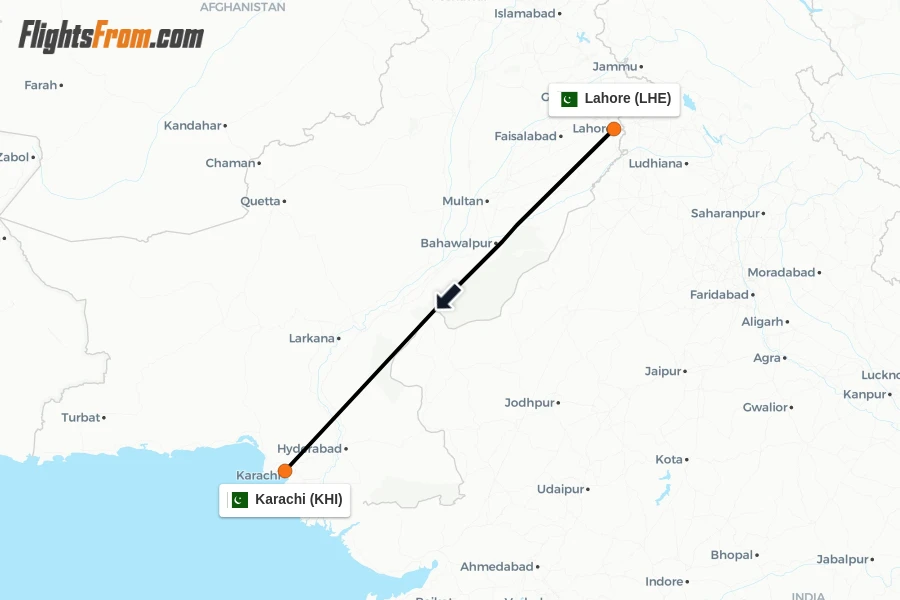 Flights from Lahore to Karachi route map