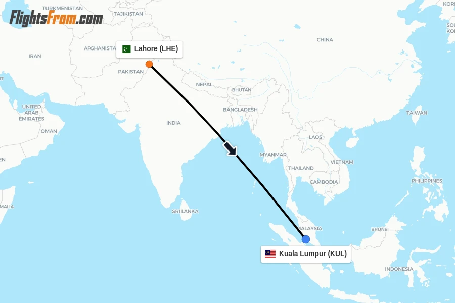 Flights from Lahore to Kuala Lumpur route map