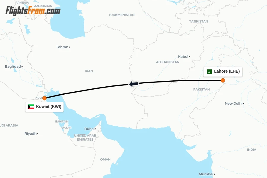 Flights from Lahore to Kuwait route map