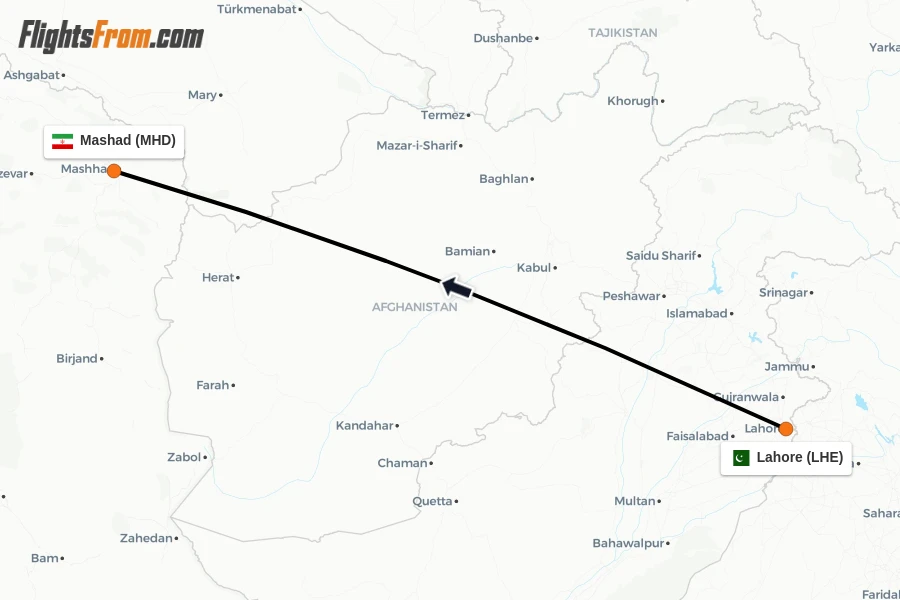 Flights from Lahore to Mashad route map