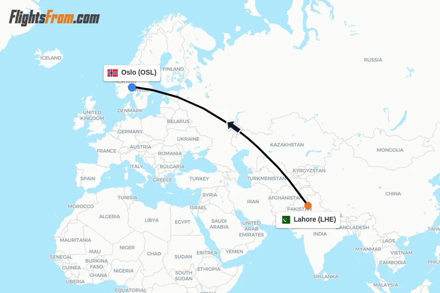 Flights from Lahore to Oslo route map