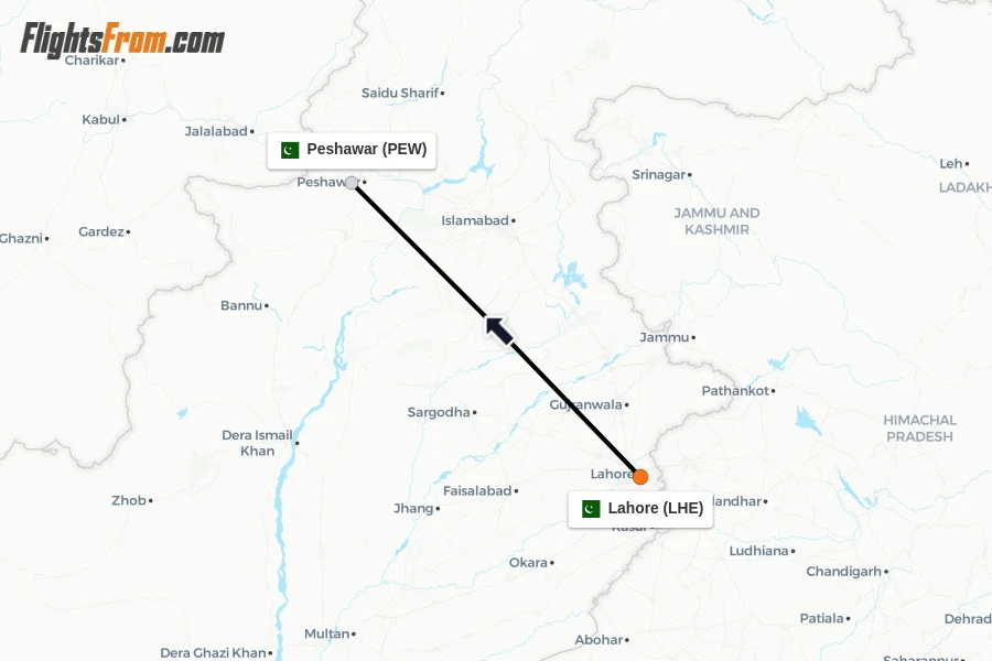 Flights from Lahore to Peshawar route map