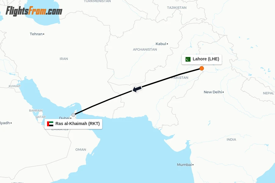 Flights from Lahore to Ras al-Khaimah route map