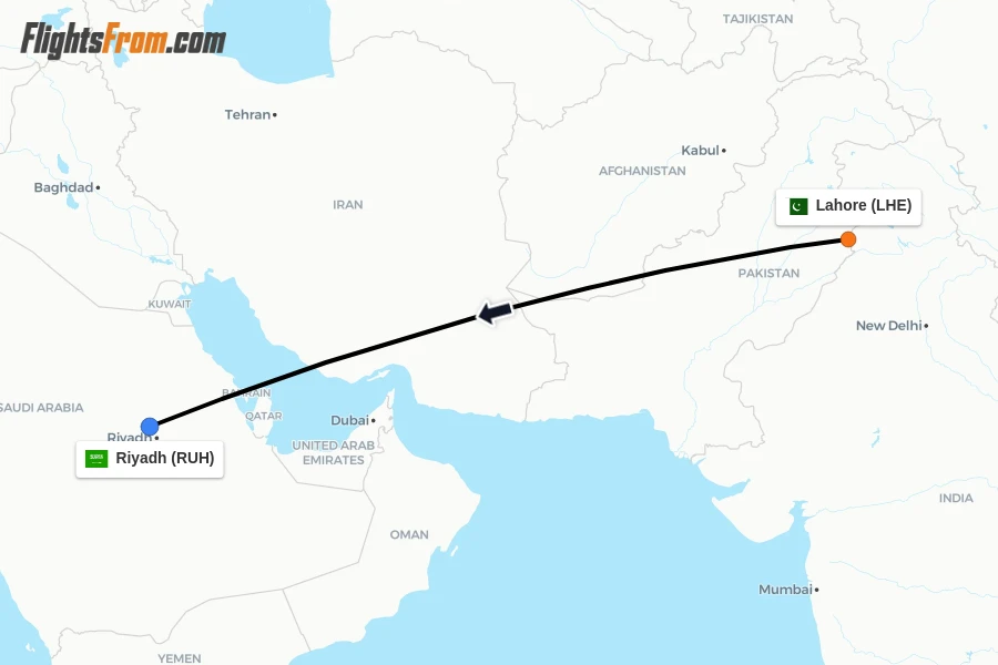 Flights from Lahore to Riyadh route map