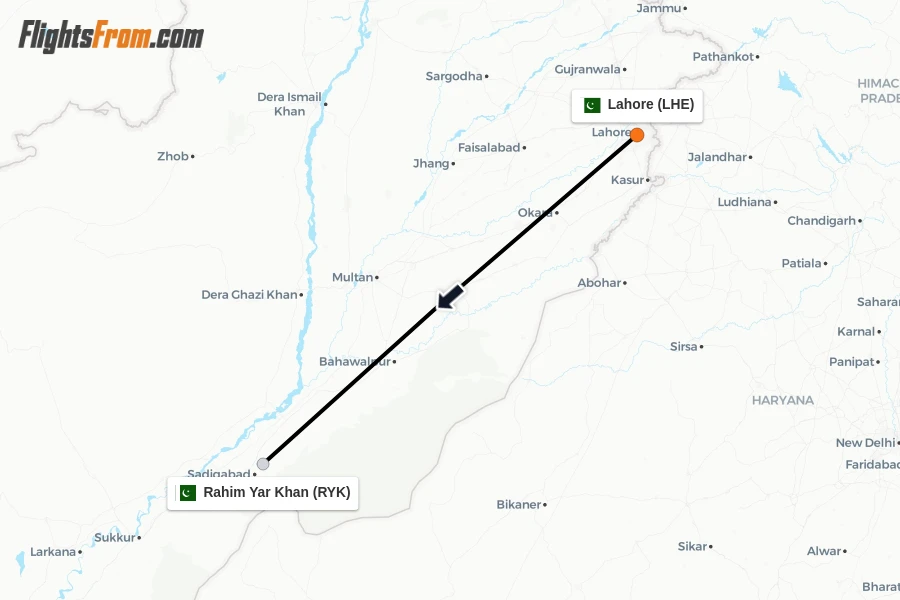 Flights from Lahore to Rahim Yar Khan route map