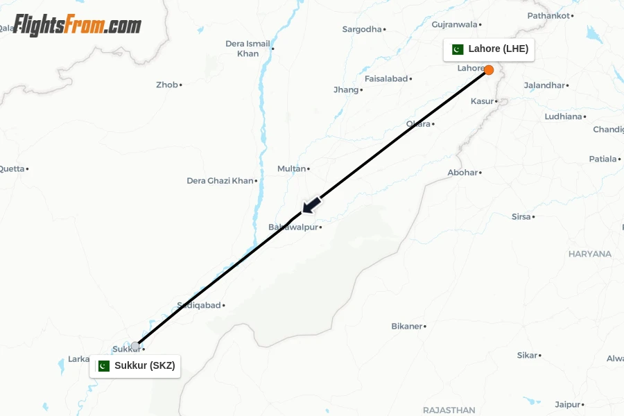 Flights from Lahore to Sukkur route map